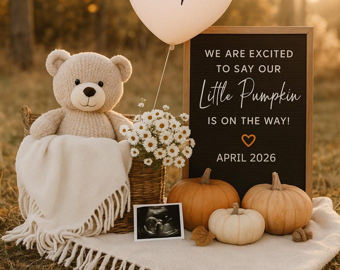Pumpkin Kisses & Baby Wishes Pregnancy Announcement: Rustic Fall Canva Template (Digital Download)