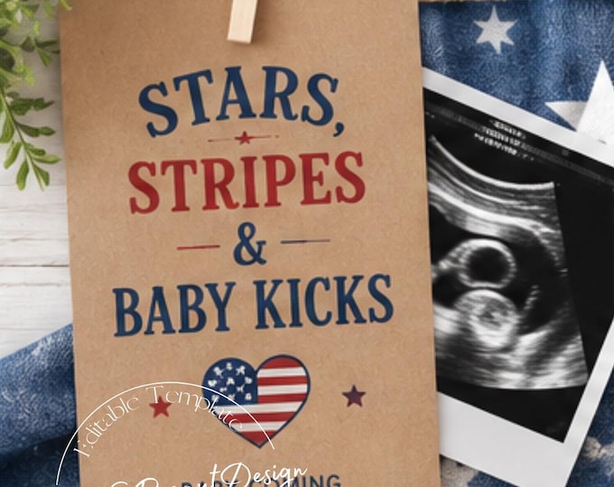 Stars Stripes Baby Kicks  Fourth of July Baby Announcement:  - Canva Template (Digital Download)