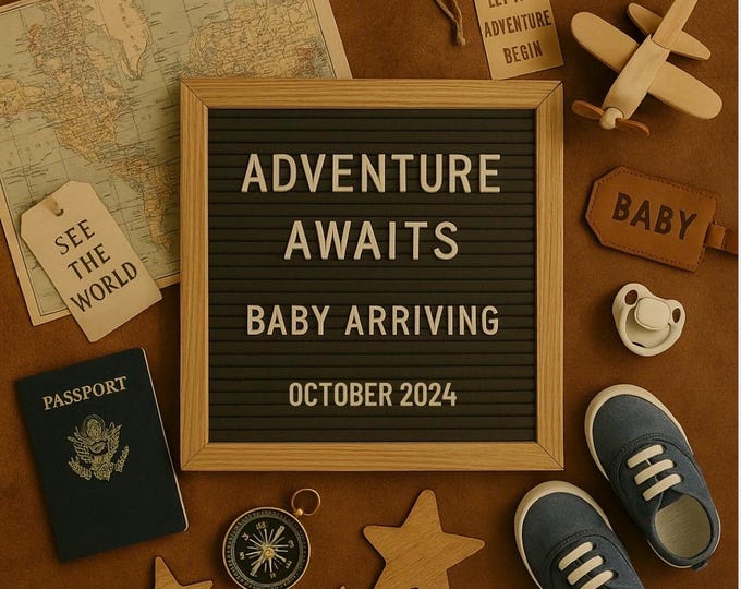 Travel Pregnancy Announcement: Adventure Awaits Canva Template (Digital Download)
