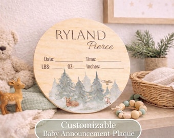 Woodland Baby Announcement Round Wood Sign | Birth Details Plaque