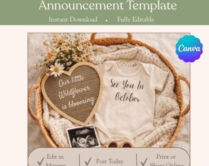 Where Wildflowers Grow Pregnancy Announcement: Editable Canva Template Digital Download