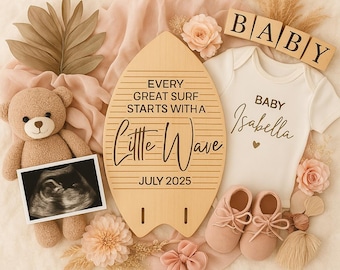 Surfer Girl Pregnancy Announcement: Beach Theme Canva Template Digital Download