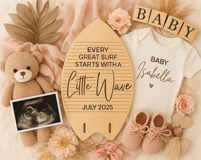 Surfer Girl Pregnancy Announcement: Beach Theme Canva Template Digital Download