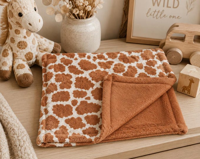 Giraffe Print Baby Lovey Blanket, Soft Minky Security Blanket, Neutral Safari Nursery Gift, Plush Fleece Baby Shower Gift