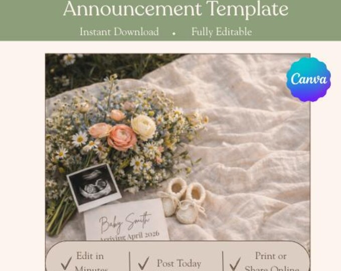 Meadow Moments Pregnancy Announcement: Editable Canva Template Digital Download