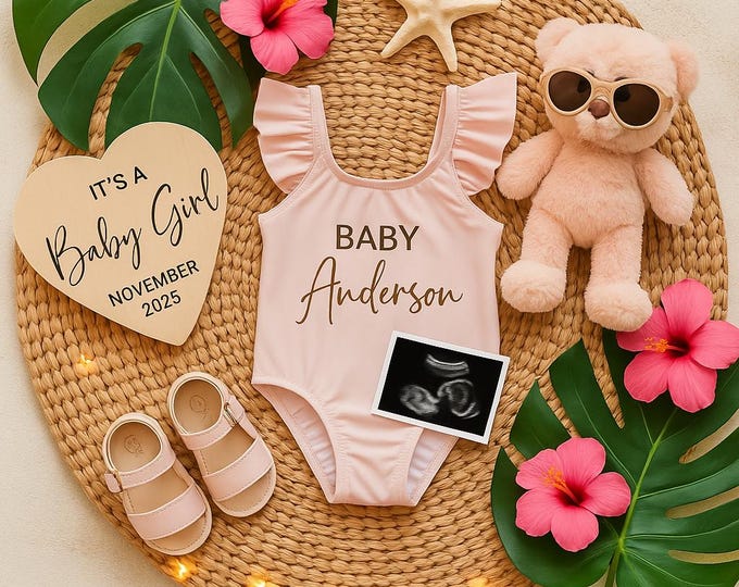 Summer Baby Girl Announcement: Sandy Toes, Sweet Bows Canva Template Digital Download
