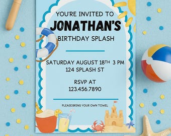 Kids Pool Party Birthday Invitation: Editable Canva Template (Digital Download)