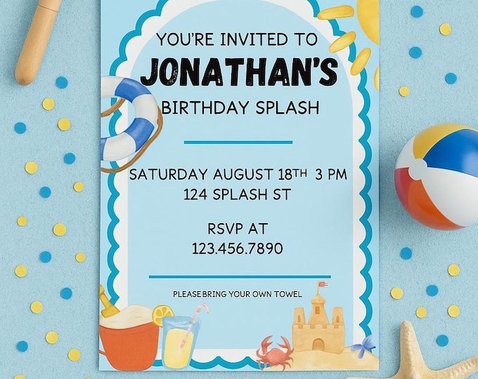 Kids Pool Party Birthday Invitation: Editable Canva Template (Digital Download)