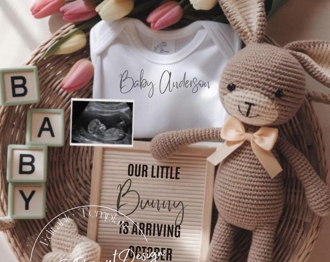 Some Bunny Is Coming Pregnancy Announcement: Editable Canva Template Digital Download
