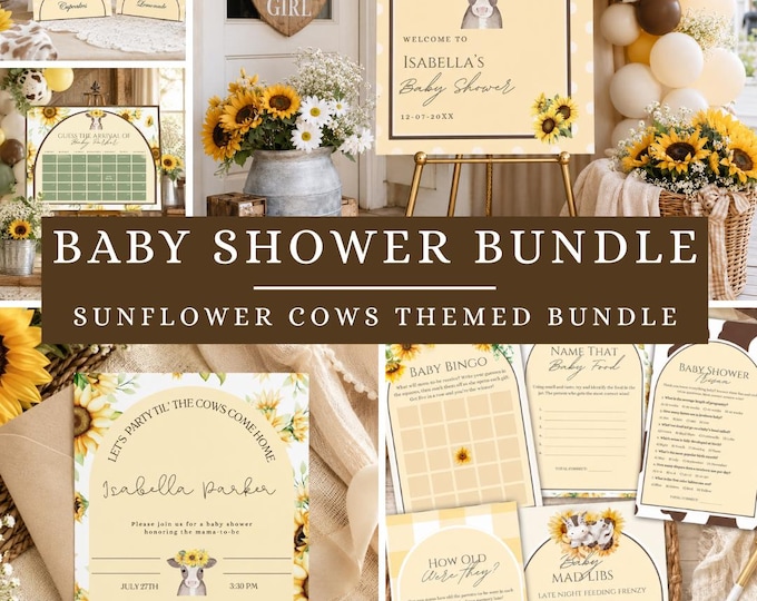Sunflower Cow Baby Shower Bundle | Editable Canva Templates (Digital Download)