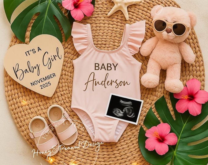 Summer Baby Girl Announcement: Sandy Toes, Sweet Bows Canva Template Digital Download