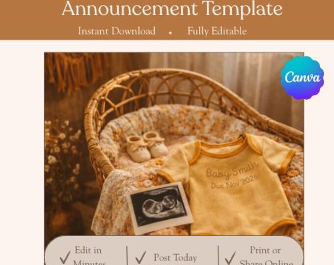 Retro Baby Announcement | 70s Style, Editable Canva Template (Digital Download)