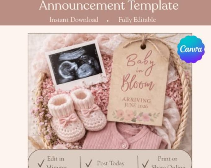 Pink Bloom Pregnancy Announcement: Editable Canva Template Digital Download, Spring Baby Reveal
