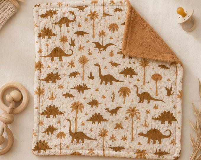 Brown Dinosaur Baby Lovey Blanket, Soft Minky Security Blanket, Neutral Prehistoric Nursery Gift, Plush Baby Shower Lovey