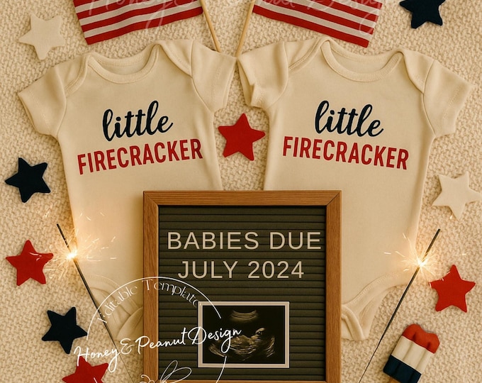Fourth of July Twin Pregnancy Announcement: Firecracker Theme (Digital Canva Template)