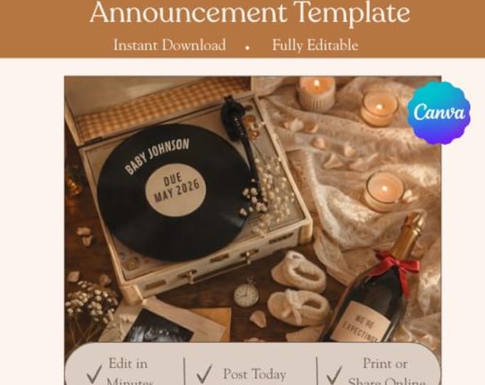 Now Spinning: Baby – Retro Pregnancy Announcement | Vintage Music Baby Reveal | Editable Canva Download