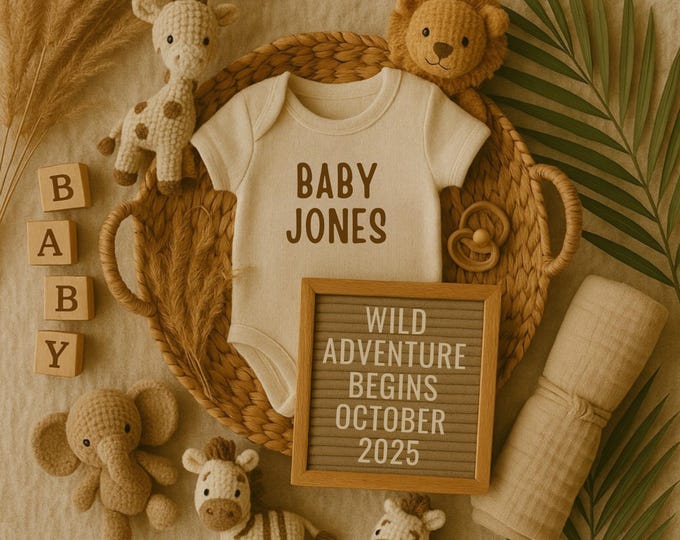 Safari Pregnancy Announcement: Wild Adventure Canva Template (Digital Download)