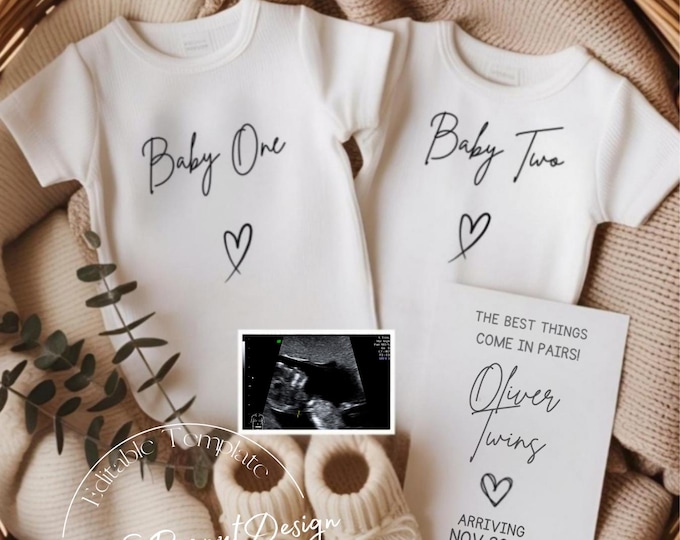 Twin Pregnancy Announcement – Minimalist Canva Template (Digital Download)