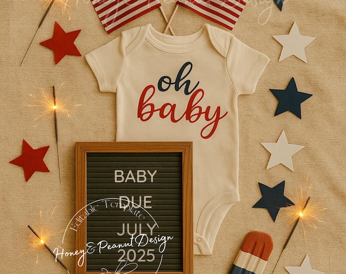 Fourth of July Baby Announcement: Red, White & Due - Canva Template (Digital Download)