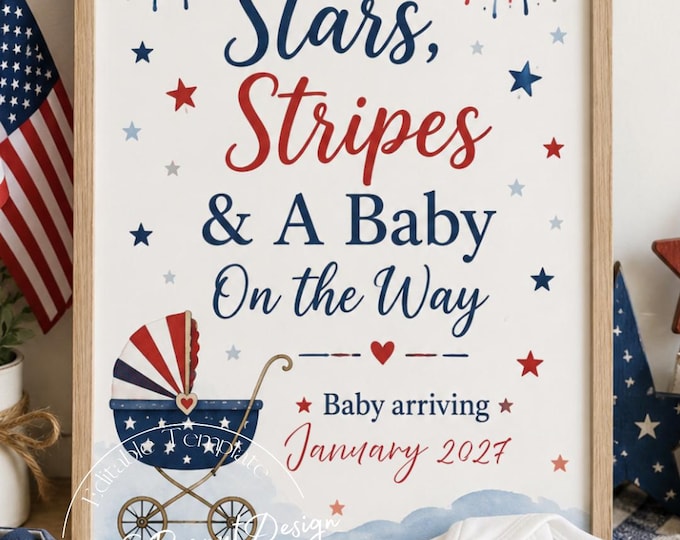 Stars, Stripes & Baby on the Way  Fourth of July Baby Announcement:  - Canva Template (Digital Download)