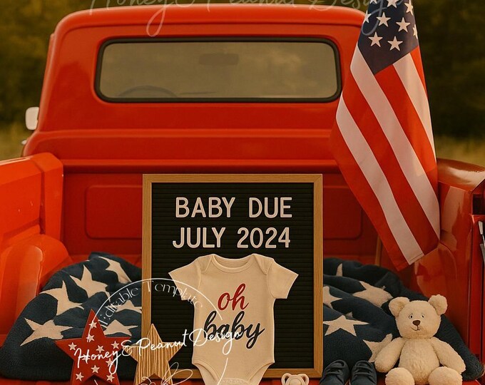 Fourth of July Baby Announcement: Red Truck, Tailgates & Tiny Toes (Digital Canva Template)