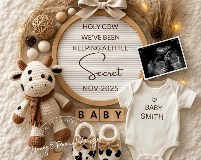 Cow Theme Pregnancy Announcement: Little Moo Canva Template Digital Download