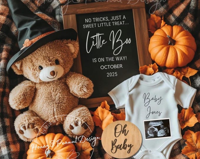 Halloween Pregnancy Announcement: Oh Baby, Little Boo - Canva Template (Digital Download)