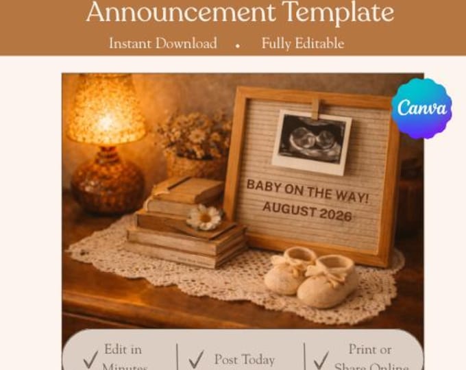 Retro Baby Announcement | Vintage Keepsake, Editable Canva Template (Digital Download)