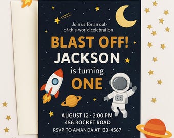 Space Birthday Invitation: Rocket, Planets, Astronauts (Editable Canva Template, Digital Download)