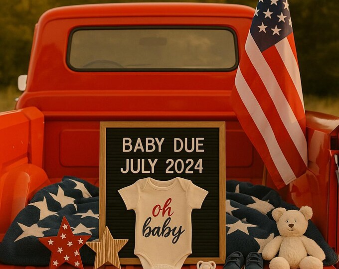Fourth of July Baby Announcement: Red Truck, Tailgates & Tiny Toes (Digital Canva Template)