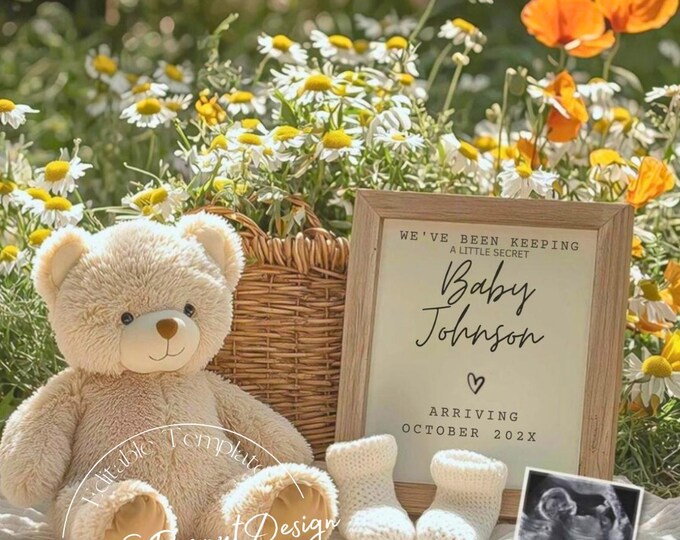 Among the Wildflowers Pregnancy Announcement: Editable Canva Template Digital Download