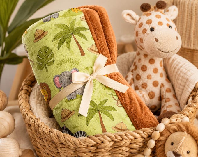 Safari Animals Baby Lovey Blanket, Soft Minky Security Blanket, Lion Elephant Giraffe Nursery Gift, Jungle Baby Shower Gift