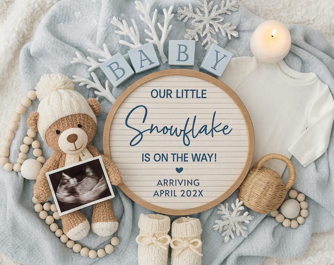 Winter Baby Announcement Template – Frosted Snowflake Design (Digital Download)