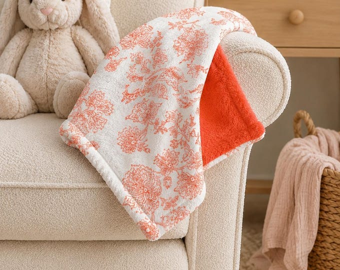 Pink Floral Toile Baby Lovey Blanket, Soft Minky Security Blanket, Vintage Garden Nursery Gift, Plush Baby Shower Lovey