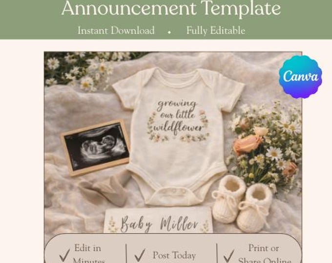Little Wildflower Love Pregnancy Announcement: Editable Canva Template Digital Download
