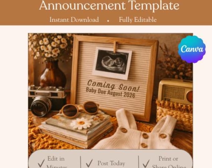 Polaroids & Promises | Retro Pregnancy Announcement | Vintage Baby Reveal | Editable Canva Download