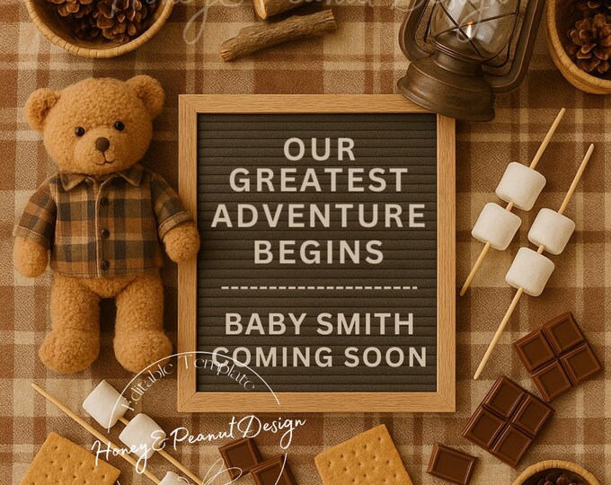 Camping Pregnancy Announcement: Editable Canva Template Digital Download