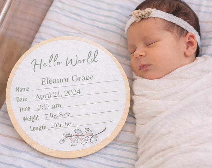 Hello World Baby Birth Announcement Wood Sign, Newborn Keepsake Plaque
