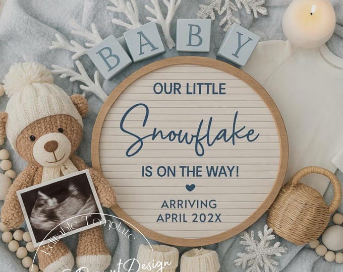 Winter Baby Announcement Template – Frosted Snowflake Design (Digital Download)