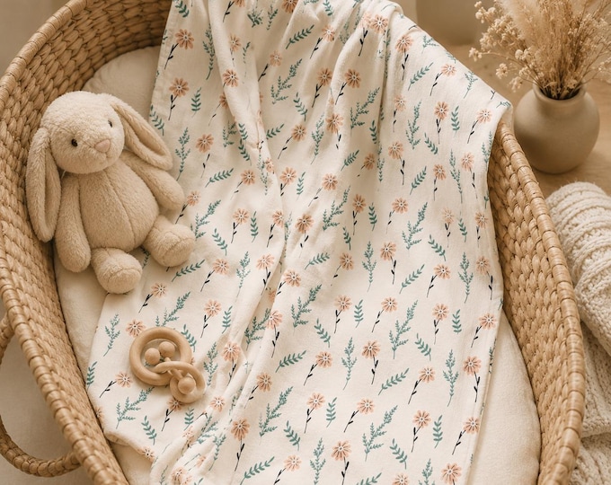 Peach Floral Baby Swaddle Blanket, Soft Jersey Newborn Wrap, Wildflower Nursery Blanket, Neutral Baby Shower Gift