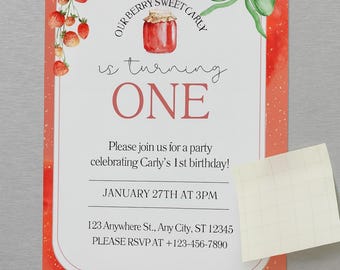 Berry Sweet First Birthday Invitation: Editable Canva Template (Digital Download)
