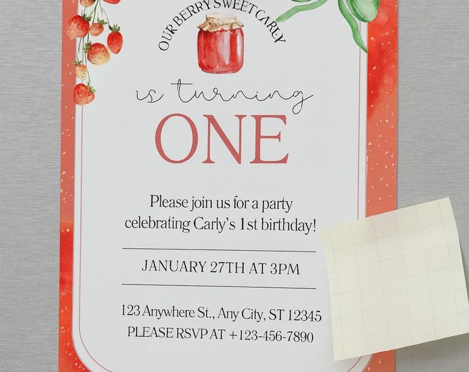 Berry Sweet First Birthday Invitation: Editable Canva Template (Digital Download)