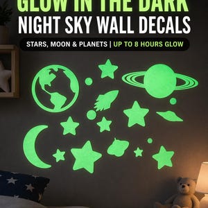 May include: Glow-in-the-dark night sky wall decals featuring stars, moons, planets, and a rocket ship. The decals are a bright green color and are designed to glow for up to 8 hours. The text on the image says "GLOW IN THE DARK NIGHT SKY WALL DECALS".