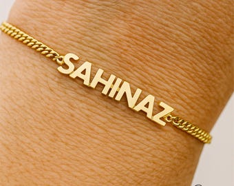 Pulseira com nome e corrente, pulseira delicada com placa de identificação, pulseira personalizada de ouro e prata para mulheres, pulseira com nome personalizado, presente para ela