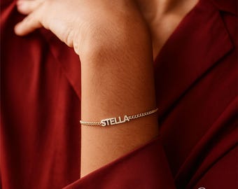 Pulseira com nome personalizado em corrente de meio-fio, pulseira com nome banhada a ouro, pulseira com placa de nome personalizada, pulseira com nome feminina, pulseira de corrente para presente