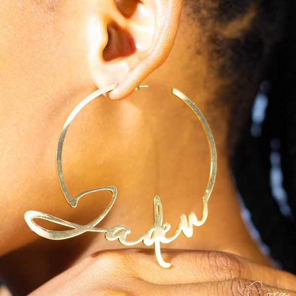Custom Name Hoop Earrings. Personalized Name Earrings. Large Hoop Earrings. Solid Gold Earrings. Large Earrings. Personalized Gift for Her.