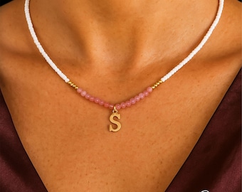 Custom Beaded Initial Necklace, Personalized Gold Letter Pendant, Summer Bead Necklace, Handmade Jewelry Gift for Women, Friend, Bridesmaids
