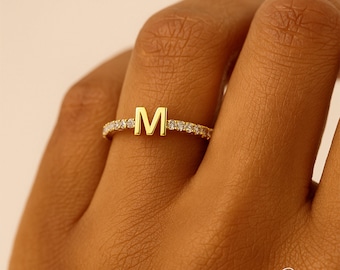 Personalized Rhinestone Initial Ring, Custom Letter Ring for Women, Dainty Gold Stacking Ring, Cubic Zircon Stone Initial Ring, Jewelry Gift