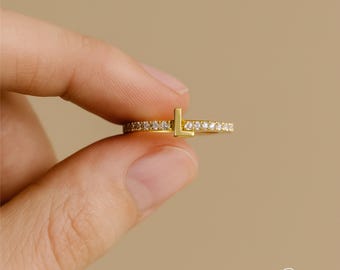 Dainty Letter Ring with Rhinestone, Custom Initial CZ Stone Ring for Women, 18k Gold Plated Stacking Ring, Adjustable Copper Letter Ring