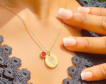 Custom Birth Flower Necklace with Birthstone. Engraved Birth Flower Bouquet and Birthstone Necklace. Floral Jewelry. Birthday Gift for Her